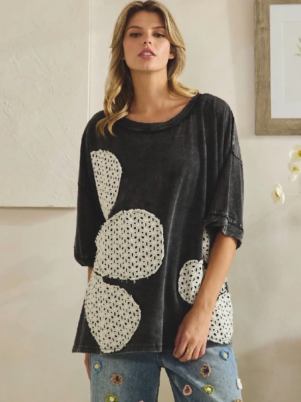 Relaxed Black Floral Patch Oversized Top
